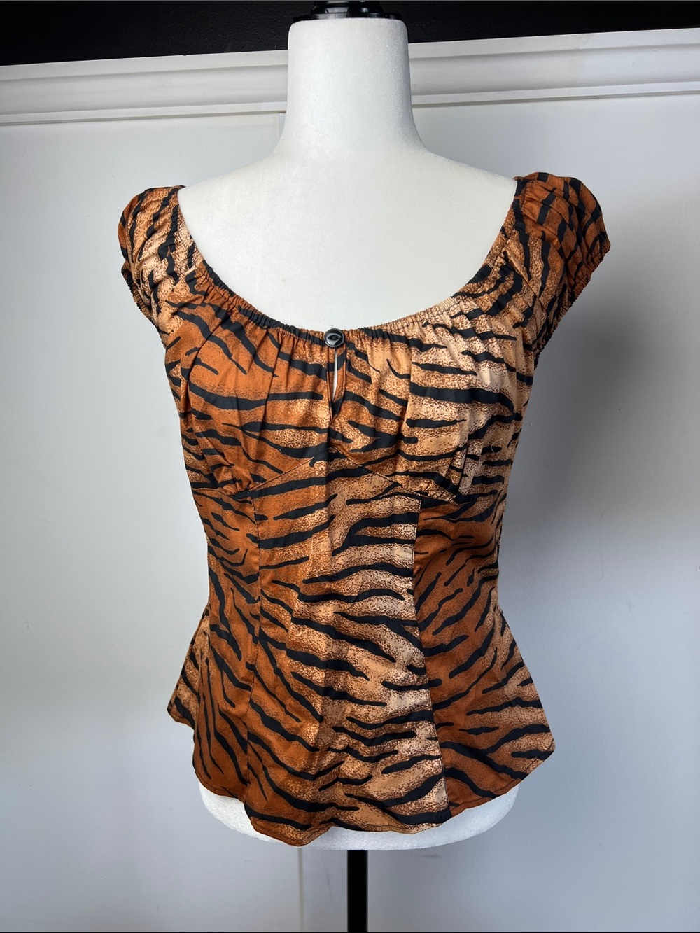 Hell Bunny Tiger-Print Cap Sleeve Tora Top in Copper Brown